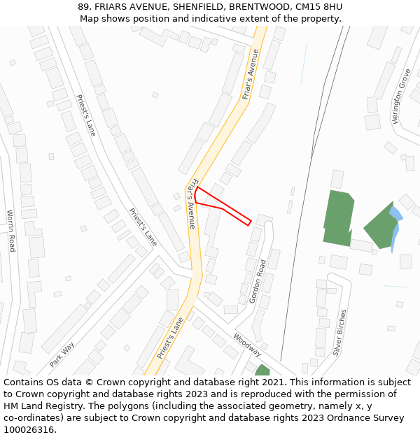 89, FRIARS AVENUE, SHENFIELD, BRENTWOOD, CM15 8HU: Location map and indicative extent of plot