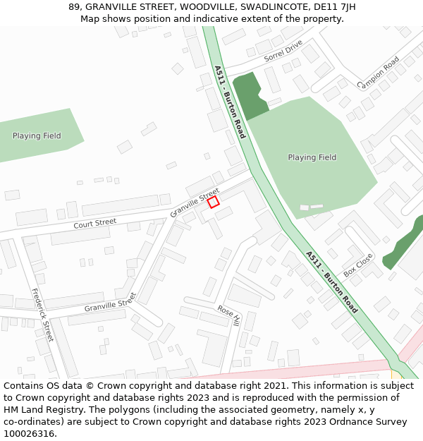 89, GRANVILLE STREET, WOODVILLE, SWADLINCOTE, DE11 7JH: Location map and indicative extent of plot