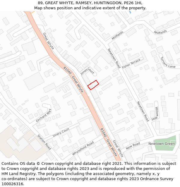 89, GREAT WHYTE, RAMSEY, HUNTINGDON, PE26 1HL: Location map and indicative extent of plot