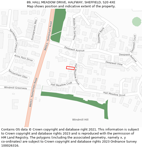 89, HALL MEADOW DRIVE, HALFWAY, SHEFFIELD, S20 4XE: Location map and indicative extent of plot