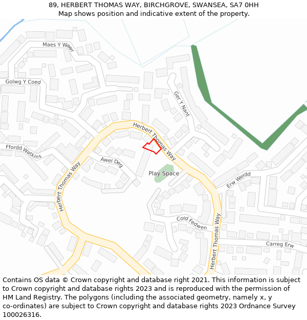 89, HERBERT THOMAS WAY, BIRCHGROVE, SWANSEA, SA7 0HH: Location map and indicative extent of plot