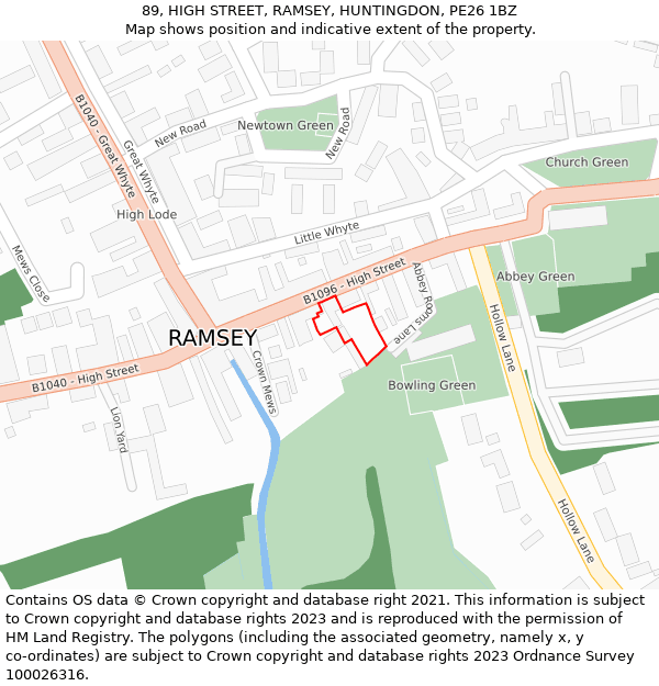 89, HIGH STREET, RAMSEY, HUNTINGDON, PE26 1BZ: Location map and indicative extent of plot