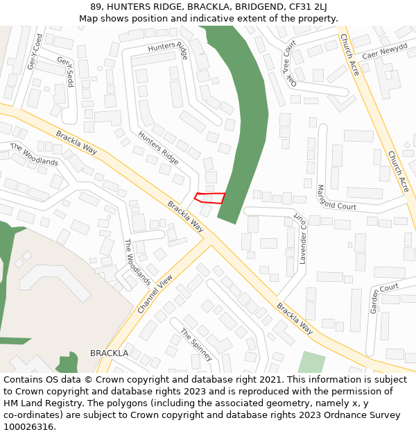 89, HUNTERS RIDGE, BRACKLA, BRIDGEND, CF31 2LJ: Location map and indicative extent of plot