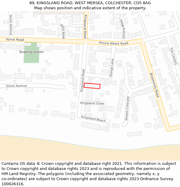 89, KINGSLAND ROAD, WEST MERSEA, COLCHESTER, CO5 8AG: Location map and indicative extent of plot