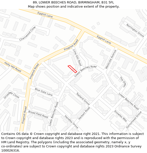 89, LOWER BEECHES ROAD, BIRMINGHAM, B31 5FL: Location map and indicative extent of plot
