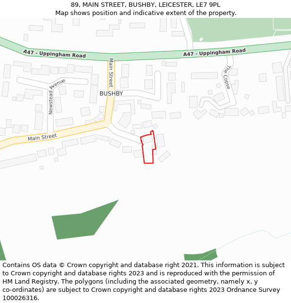 89, MAIN STREET, BUSHBY, LEICESTER, LE7 9PL: Location map and indicative extent of plot