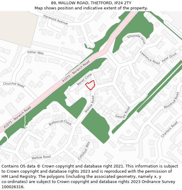 89, MALLOW ROAD, THETFORD, IP24 2TY: Location map and indicative extent of plot