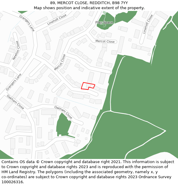 89, MERCOT CLOSE, REDDITCH, B98 7YY: Location map and indicative extent of plot