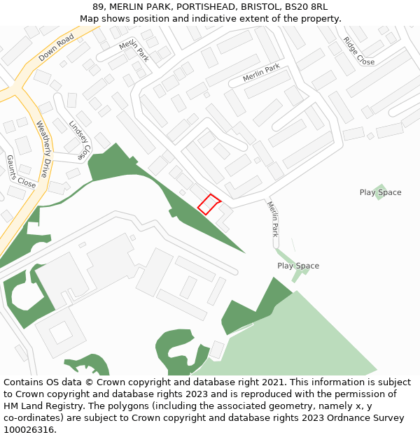 89, MERLIN PARK, PORTISHEAD, BRISTOL, BS20 8RL: Location map and indicative extent of plot