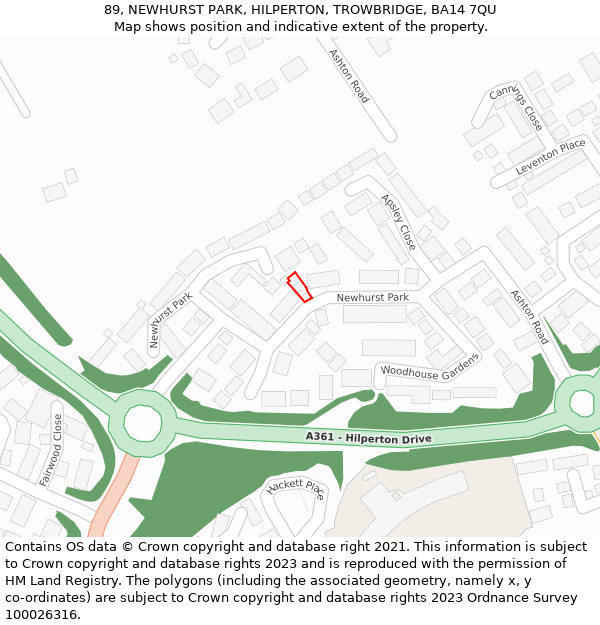 89, NEWHURST PARK, HILPERTON, TROWBRIDGE, BA14 7QU: Location map and indicative extent of plot