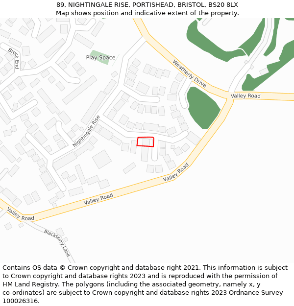 89, NIGHTINGALE RISE, PORTISHEAD, BRISTOL, BS20 8LX: Location map and indicative extent of plot