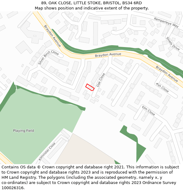 89, OAK CLOSE, LITTLE STOKE, BRISTOL, BS34 6RD: Location map and indicative extent of plot
