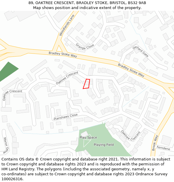 89, OAKTREE CRESCENT, BRADLEY STOKE, BRISTOL, BS32 9AB: Location map and indicative extent of plot