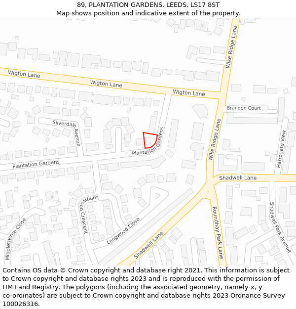 89, PLANTATION GARDENS, LEEDS, LS17 8ST: Location map and indicative extent of plot