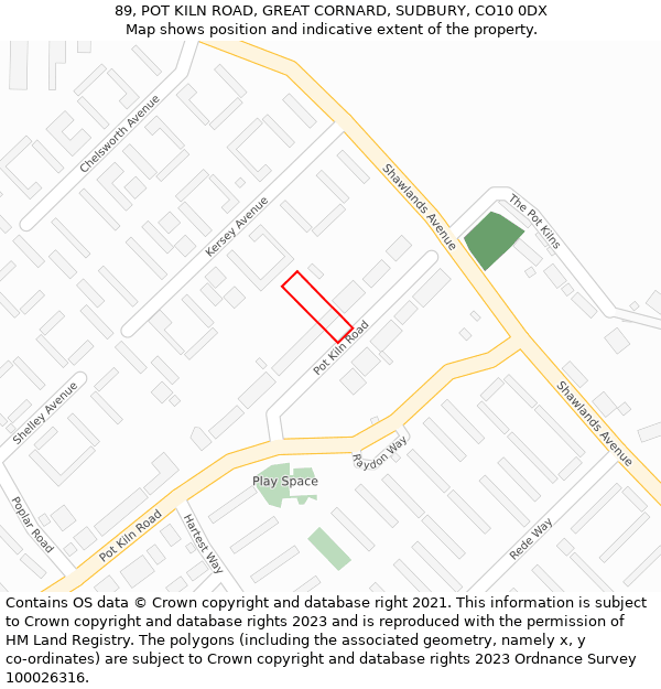 89, POT KILN ROAD, GREAT CORNARD, SUDBURY, CO10 0DX: Location map and indicative extent of plot