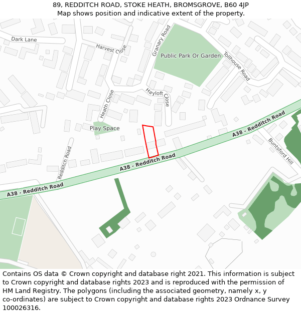 89, REDDITCH ROAD, STOKE HEATH, BROMSGROVE, B60 4JP: Location map and indicative extent of plot