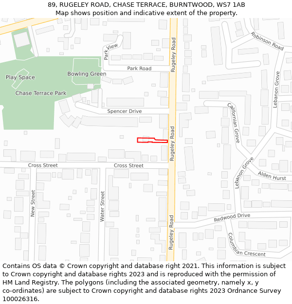 89, RUGELEY ROAD, CHASE TERRACE, BURNTWOOD, WS7 1AB: Location map and indicative extent of plot