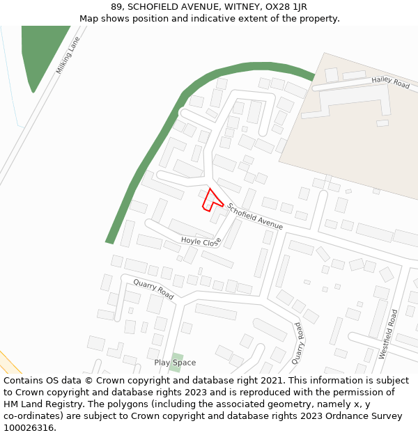 89, SCHOFIELD AVENUE, WITNEY, OX28 1JR: Location map and indicative extent of plot