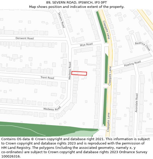 89, SEVERN ROAD, IPSWICH, IP3 0PT: Location map and indicative extent of plot