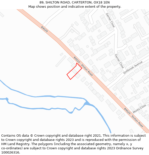 89, SHILTON ROAD, CARTERTON, OX18 1EN: Location map and indicative extent of plot