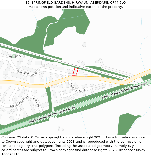 89, SPRINGFIELD GARDENS, HIRWAUN, ABERDARE, CF44 9LQ: Location map and indicative extent of plot