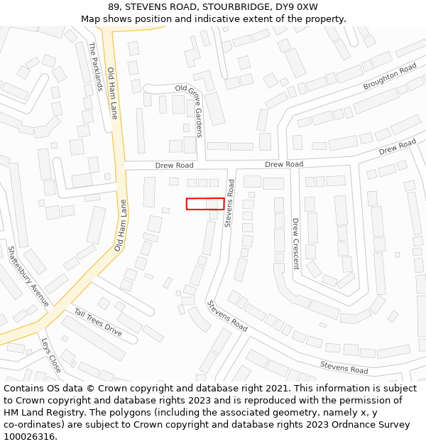 89, STEVENS ROAD, STOURBRIDGE, DY9 0XW: Location map and indicative extent of plot