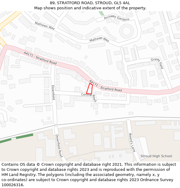 89, STRATFORD ROAD, STROUD, GL5 4AL: Location map and indicative extent of plot