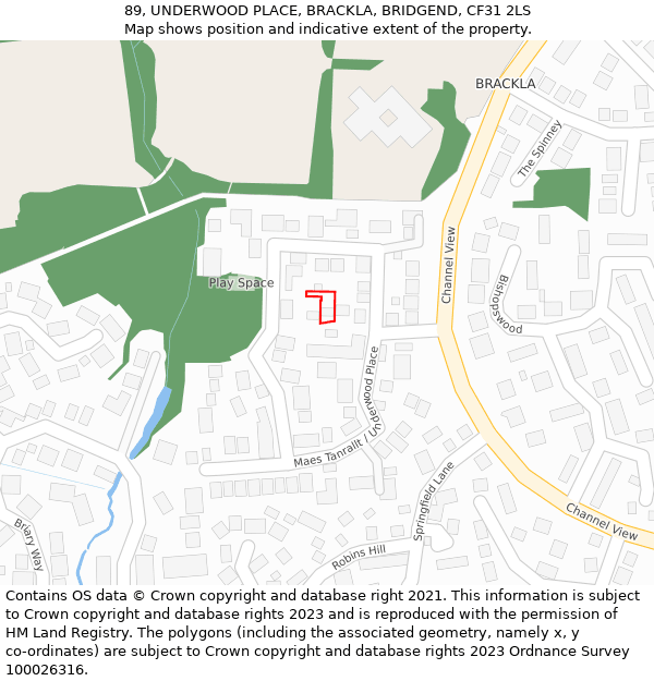 89, UNDERWOOD PLACE, BRACKLA, BRIDGEND, CF31 2LS: Location map and indicative extent of plot