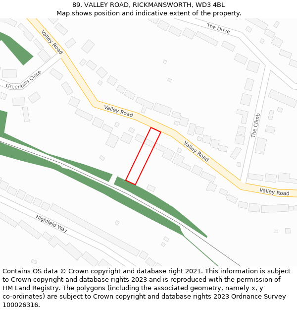 89, VALLEY ROAD, RICKMANSWORTH, WD3 4BL: Location map and indicative extent of plot