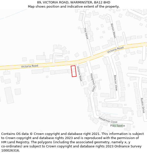 89, VICTORIA ROAD, WARMINSTER, BA12 8HD: Location map and indicative extent of plot