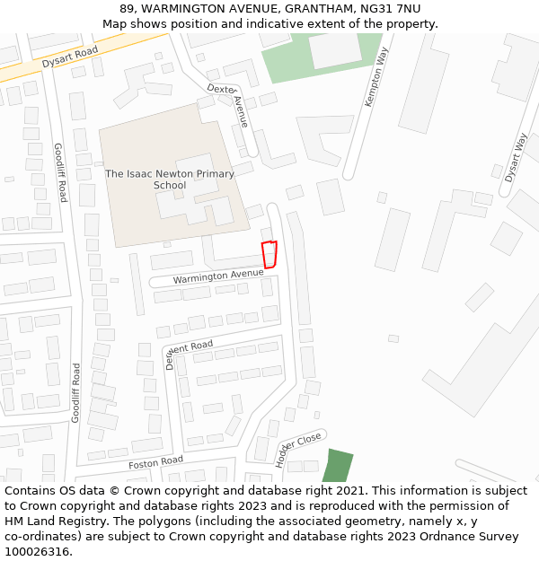 89, WARMINGTON AVENUE, GRANTHAM, NG31 7NU: Location map and indicative extent of plot