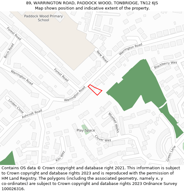 89, WARRINGTON ROAD, PADDOCK WOOD, TONBRIDGE, TN12 6JS: Location map and indicative extent of plot