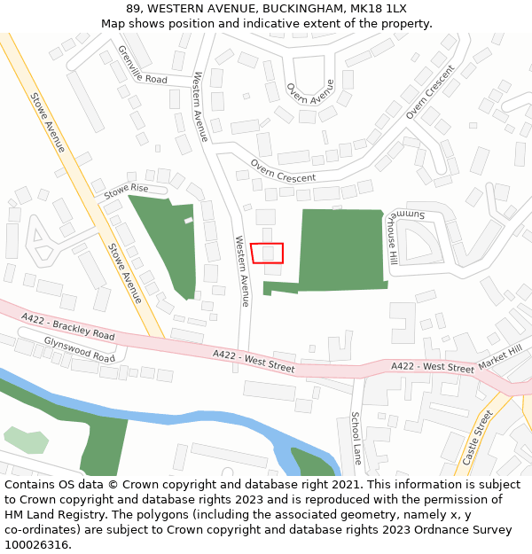 89, WESTERN AVENUE, BUCKINGHAM, MK18 1LX: Location map and indicative extent of plot