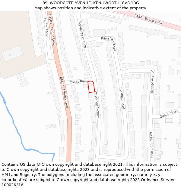 89, WOODCOTE AVENUE, KENILWORTH, CV8 1BG: Location map and indicative extent of plot