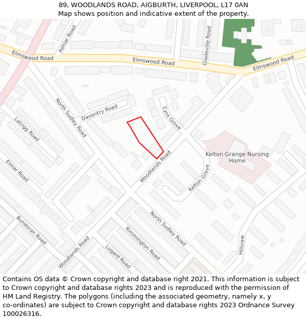 89, WOODLANDS ROAD, AIGBURTH, LIVERPOOL, L17 0AN: Location map and indicative extent of plot