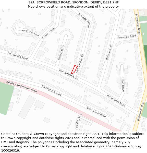 89A, BORROWFIELD ROAD, SPONDON, DERBY, DE21 7HF: Location map and indicative extent of plot