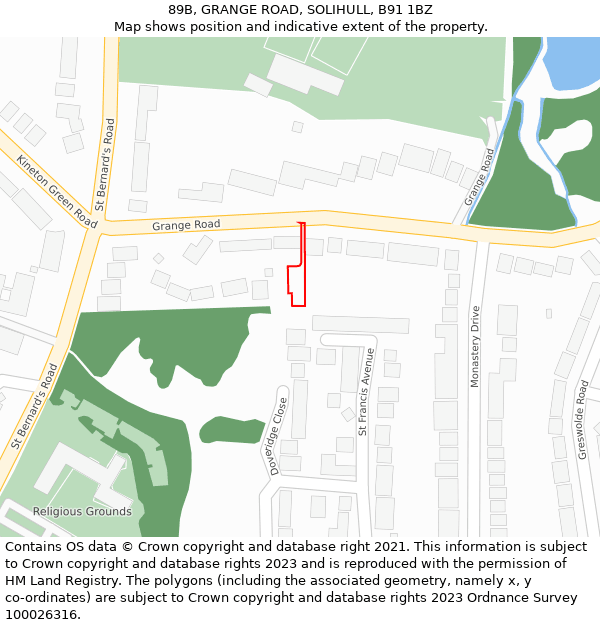 89B, GRANGE ROAD, SOLIHULL, B91 1BZ: Location map and indicative extent of plot