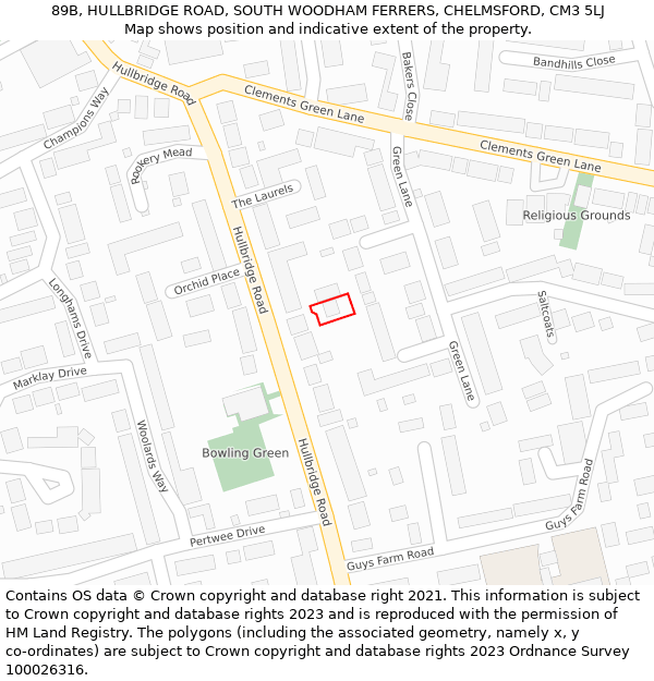 89B, HULLBRIDGE ROAD, SOUTH WOODHAM FERRERS, CHELMSFORD, CM3 5LJ: Location map and indicative extent of plot