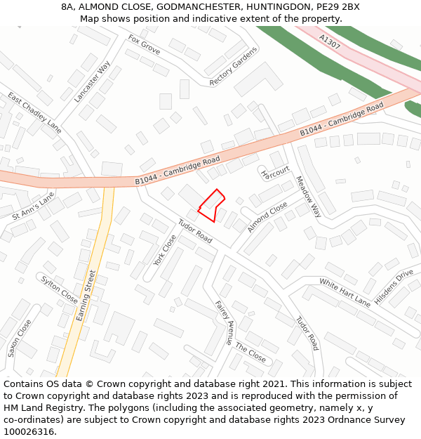 8A, ALMOND CLOSE, GODMANCHESTER, HUNTINGDON, PE29 2BX: Location map and indicative extent of plot