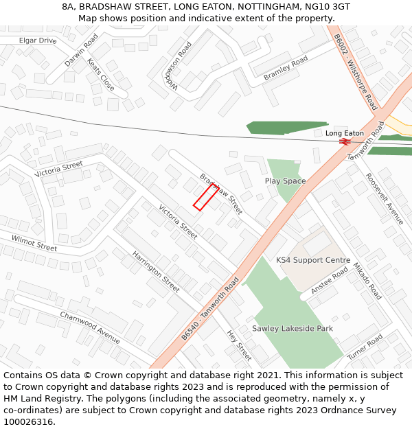 8A, BRADSHAW STREET, LONG EATON, NOTTINGHAM, NG10 3GT: Location map and indicative extent of plot