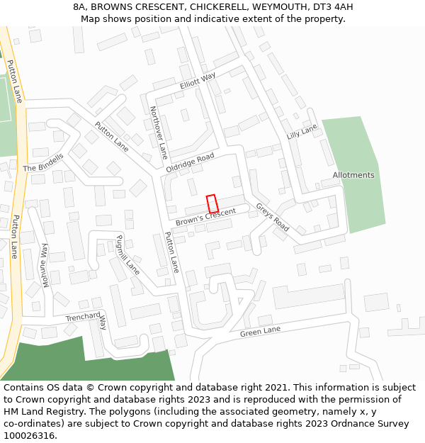 8A, BROWNS CRESCENT, CHICKERELL, WEYMOUTH, DT3 4AH: Location map and indicative extent of plot