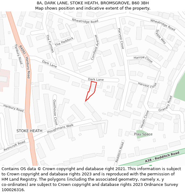 8A, DARK LANE, STOKE HEATH, BROMSGROVE, B60 3BH: Location map and indicative extent of plot