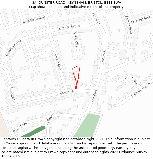 8A, DUNSTER ROAD, KEYNSHAM, BRISTOL, BS31 1WA: Location map and indicative extent of plot