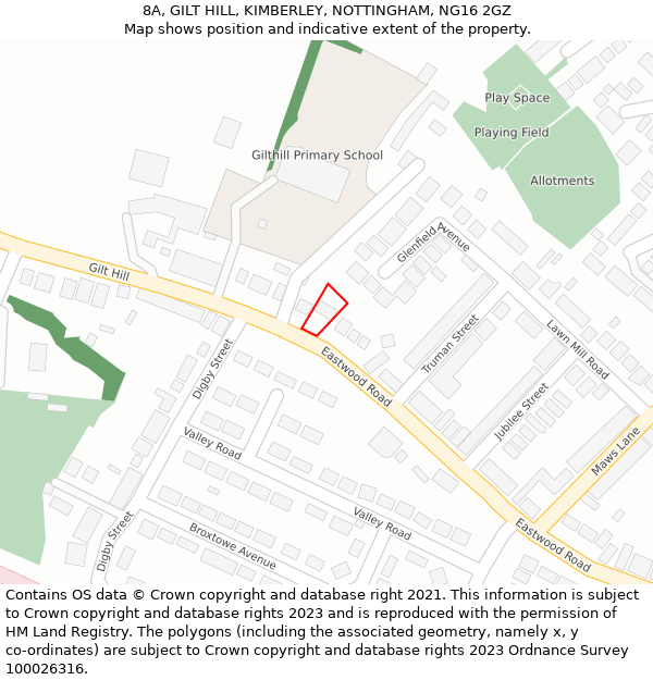 8A, GILT HILL, KIMBERLEY, NOTTINGHAM, NG16 2GZ: Location map and indicative extent of plot