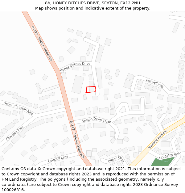 8A, HONEY DITCHES DRIVE, SEATON, EX12 2NU: Location map and indicative extent of plot