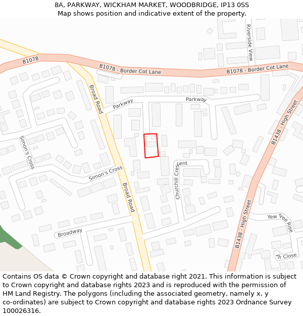 8A, PARKWAY, WICKHAM MARKET, WOODBRIDGE, IP13 0SS: Location map and indicative extent of plot