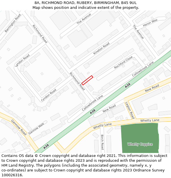 8A, RICHMOND ROAD, RUBERY, BIRMINGHAM, B45 9UL: Location map and indicative extent of plot