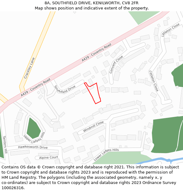 8A, SOUTHFIELD DRIVE, KENILWORTH, CV8 2FR: Location map and indicative extent of plot