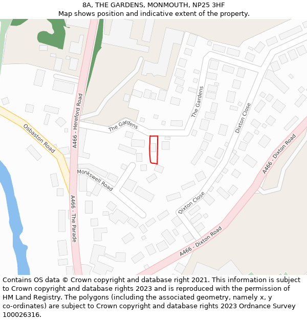8A, THE GARDENS, MONMOUTH, NP25 3HF: Location map and indicative extent of plot