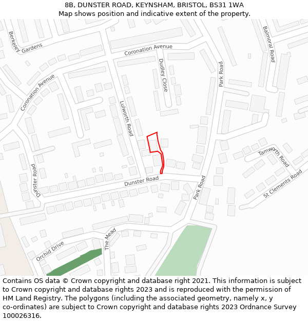 8B, DUNSTER ROAD, KEYNSHAM, BRISTOL, BS31 1WA: Location map and indicative extent of plot